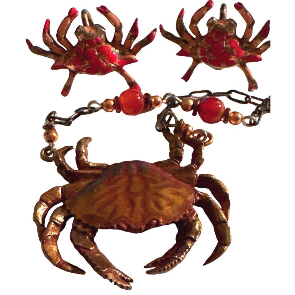 Beachy Bronze Cast Crab Necklace Earrings Set Jasper Beads Figural Crustacean